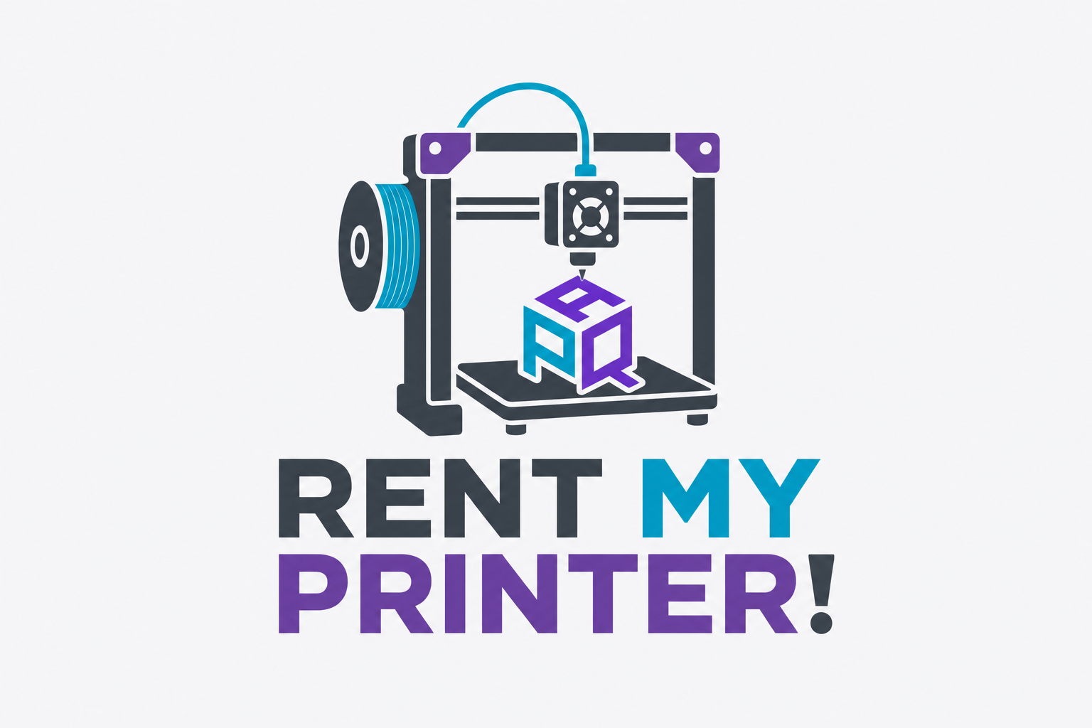Rent My Printer logo featuring a 3D printer producing the PaQ cube logo
